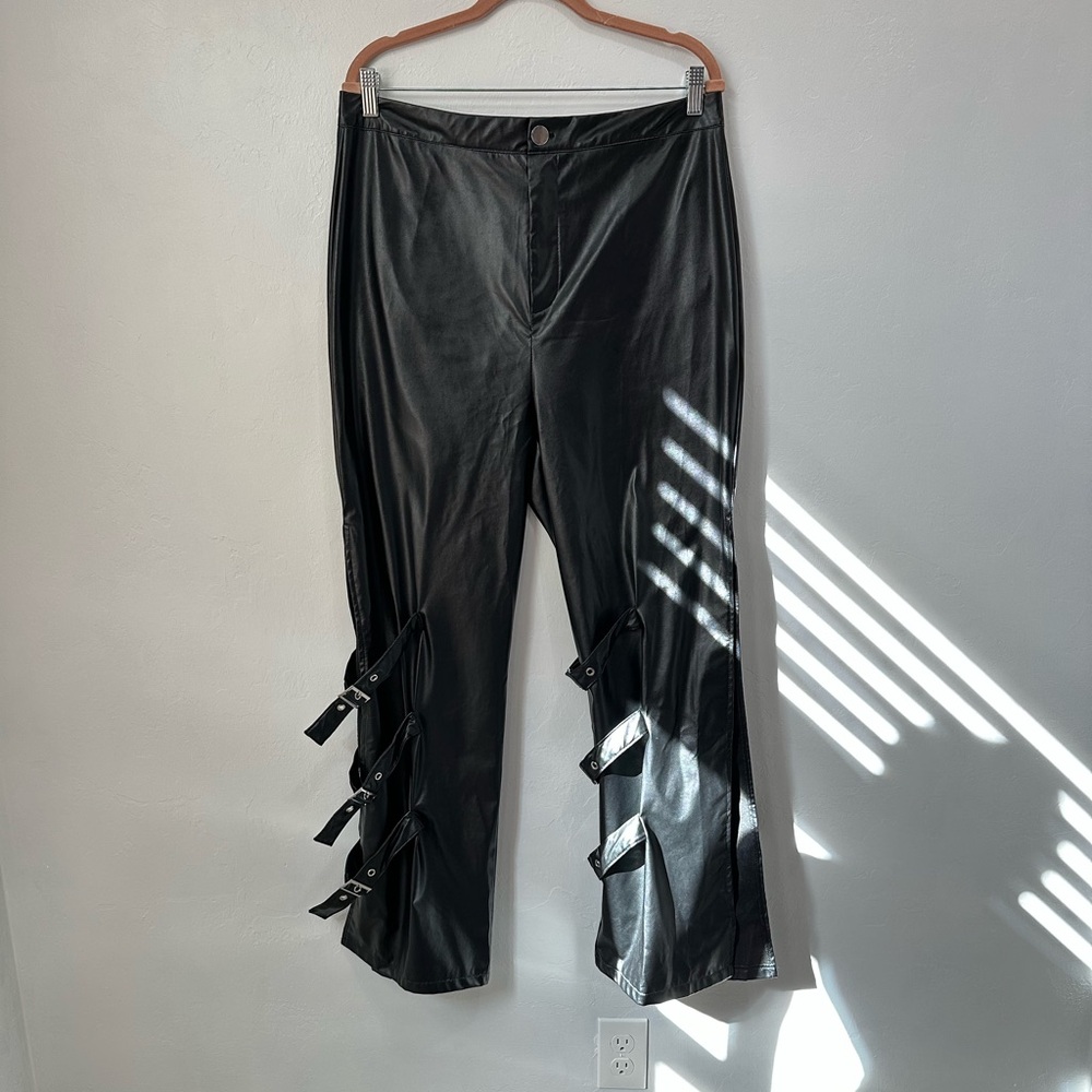 Pretty Little Thing Black Faux Leather Pants with Buckle Strap Size US 10